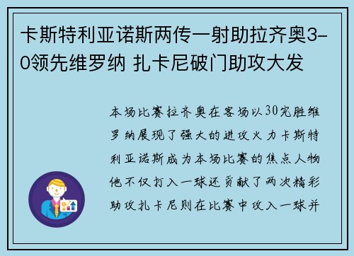 卡斯特利亚诺斯两传一射助拉齐奥3-0领先维罗纳 扎卡尼破门助攻大发 卡斯特利亚诺斯两传一射助拉齐奥3-0领先维罗纳 扎卡尼破门助攻大发