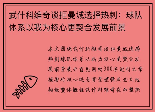 武什科维奇谈拒曼城选择热刺：球队体系以我为核心更契合发展前景